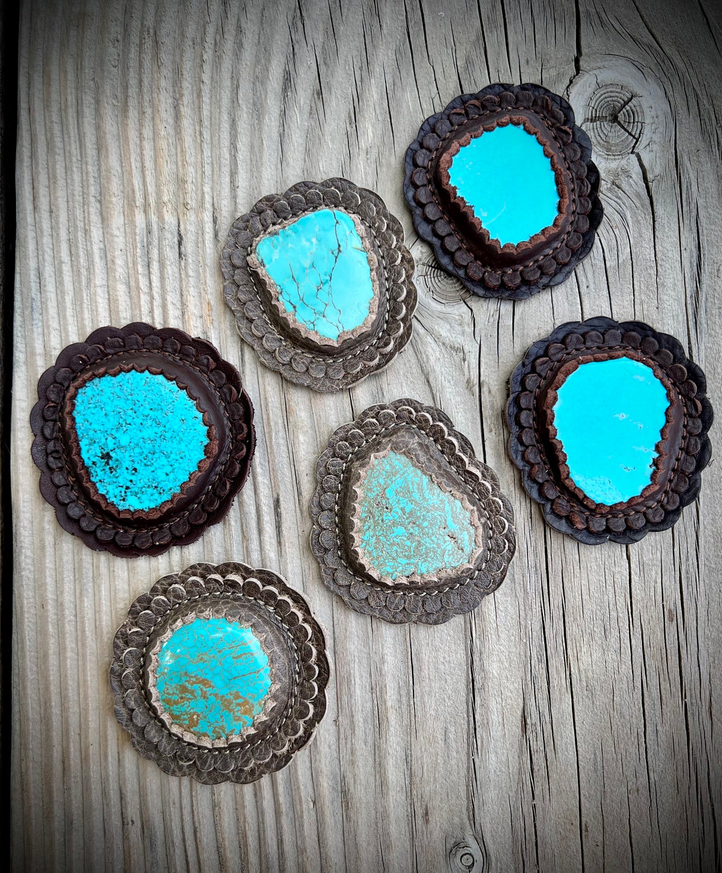 Handcrafted Leather-Wrapped Turquoise Stone Conchos