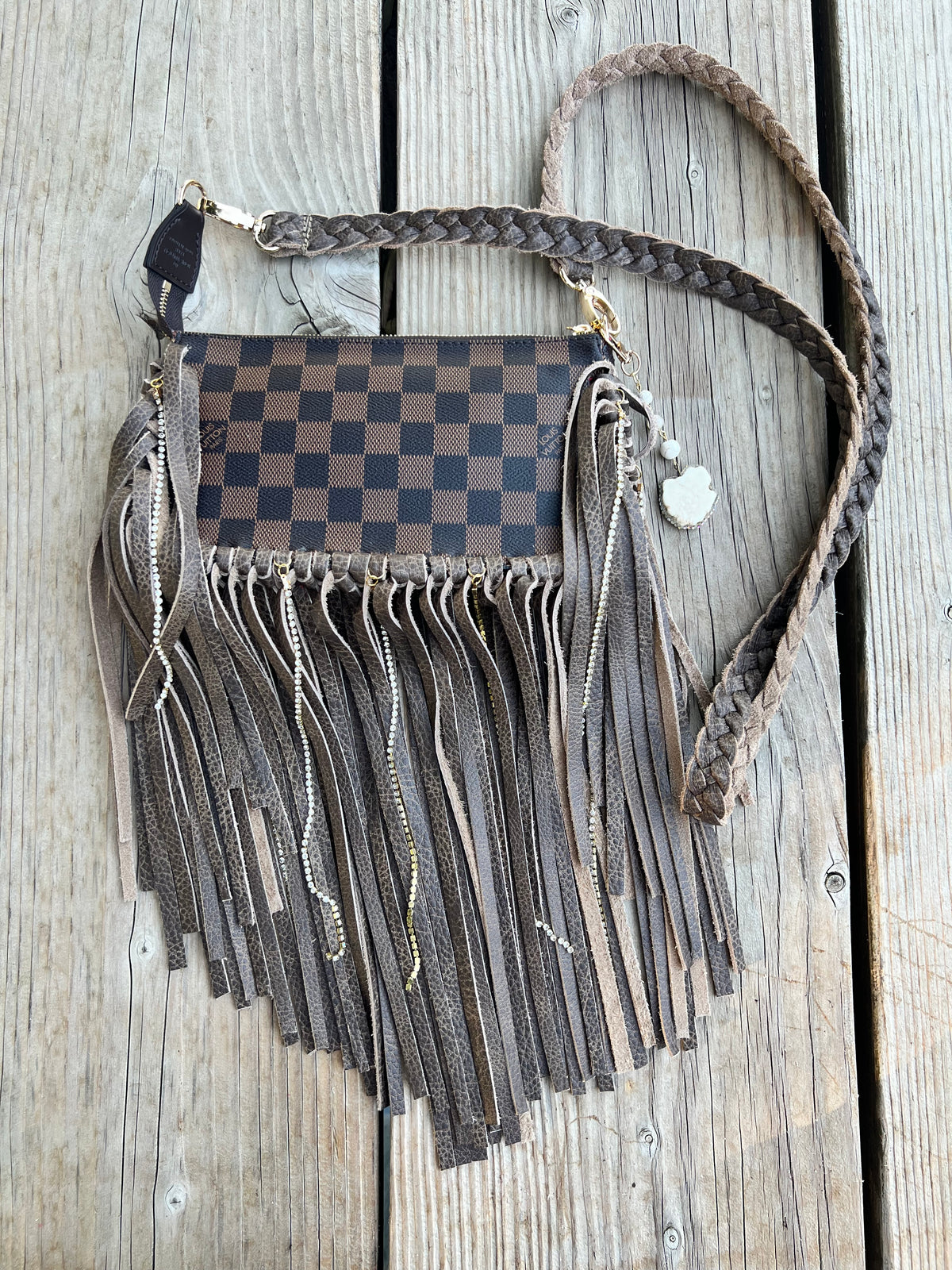 Rhinestone Rodeo ✨
 — One-of-a-Kind Fringe Crossbody in brown check
