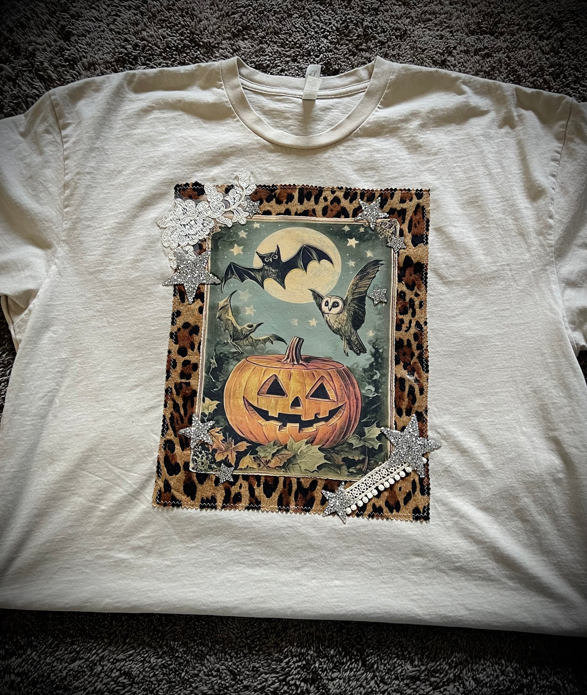 Moonlit Magic – Handmade Halloween Graphic Tee 🐆🎃✨