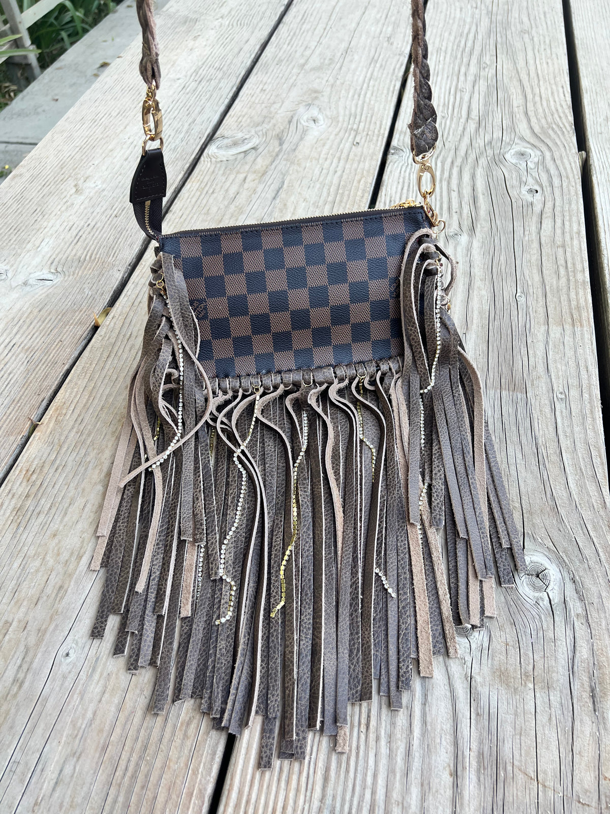 Rhinestone Rodeo ✨
 — One-of-a-Kind Fringe Crossbody in brown check
