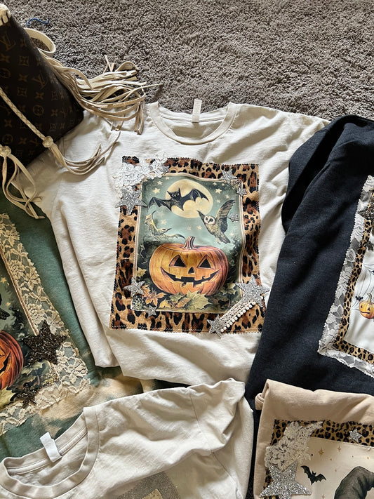 Moonlit Magic – Handmade Halloween Graphic Tee 🐆🎃✨