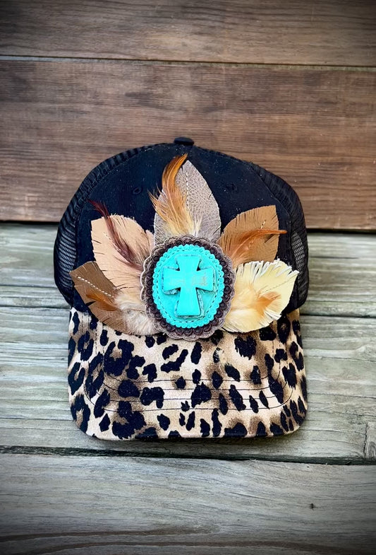 Leather feathers cap